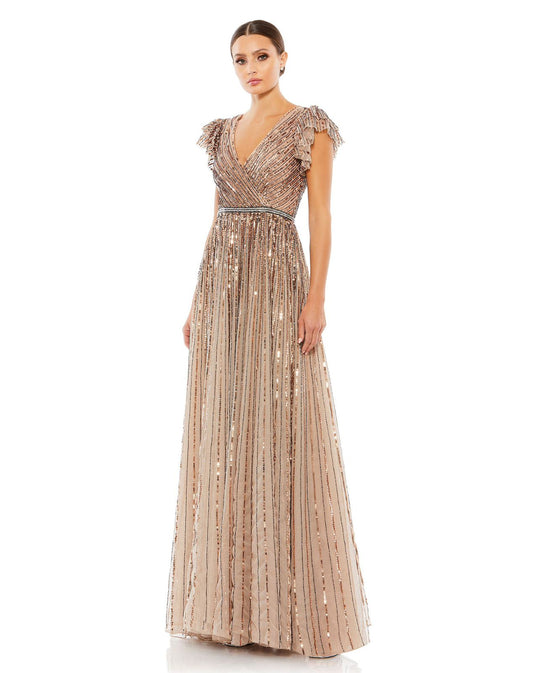 sequined wrap over ruffled cap sleeved gown