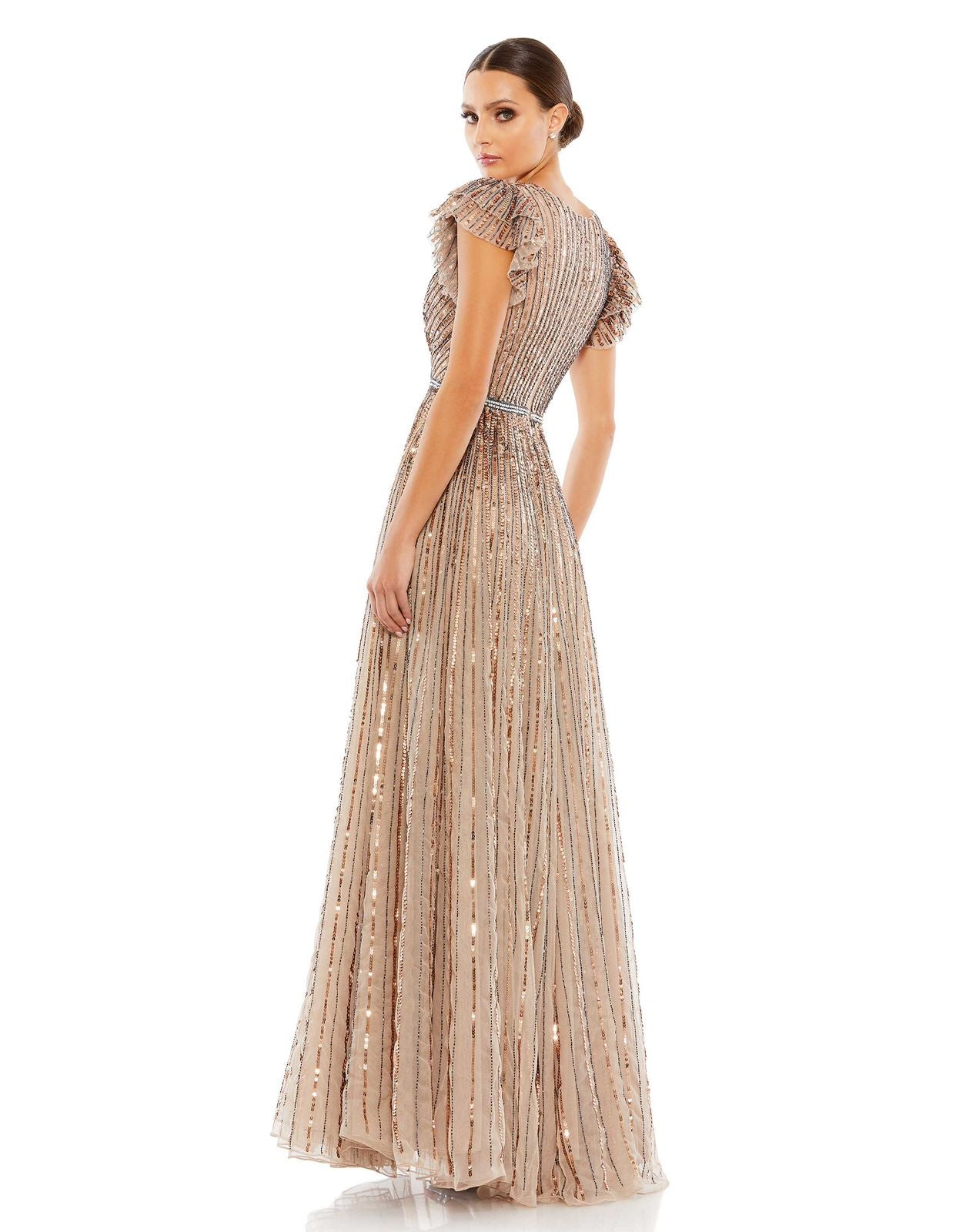 sequined wrap over ruffled cap sleeved gown