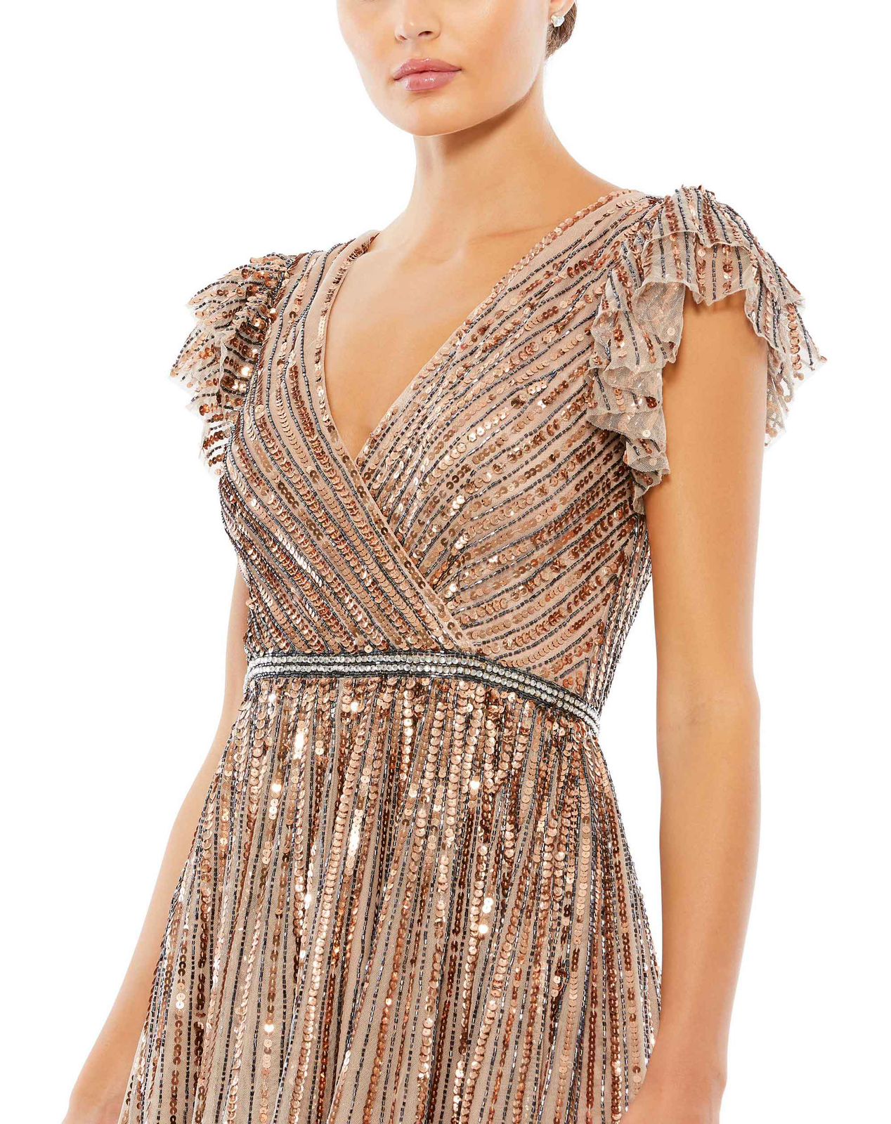 sequined wrap over ruffled cap sleeved gown