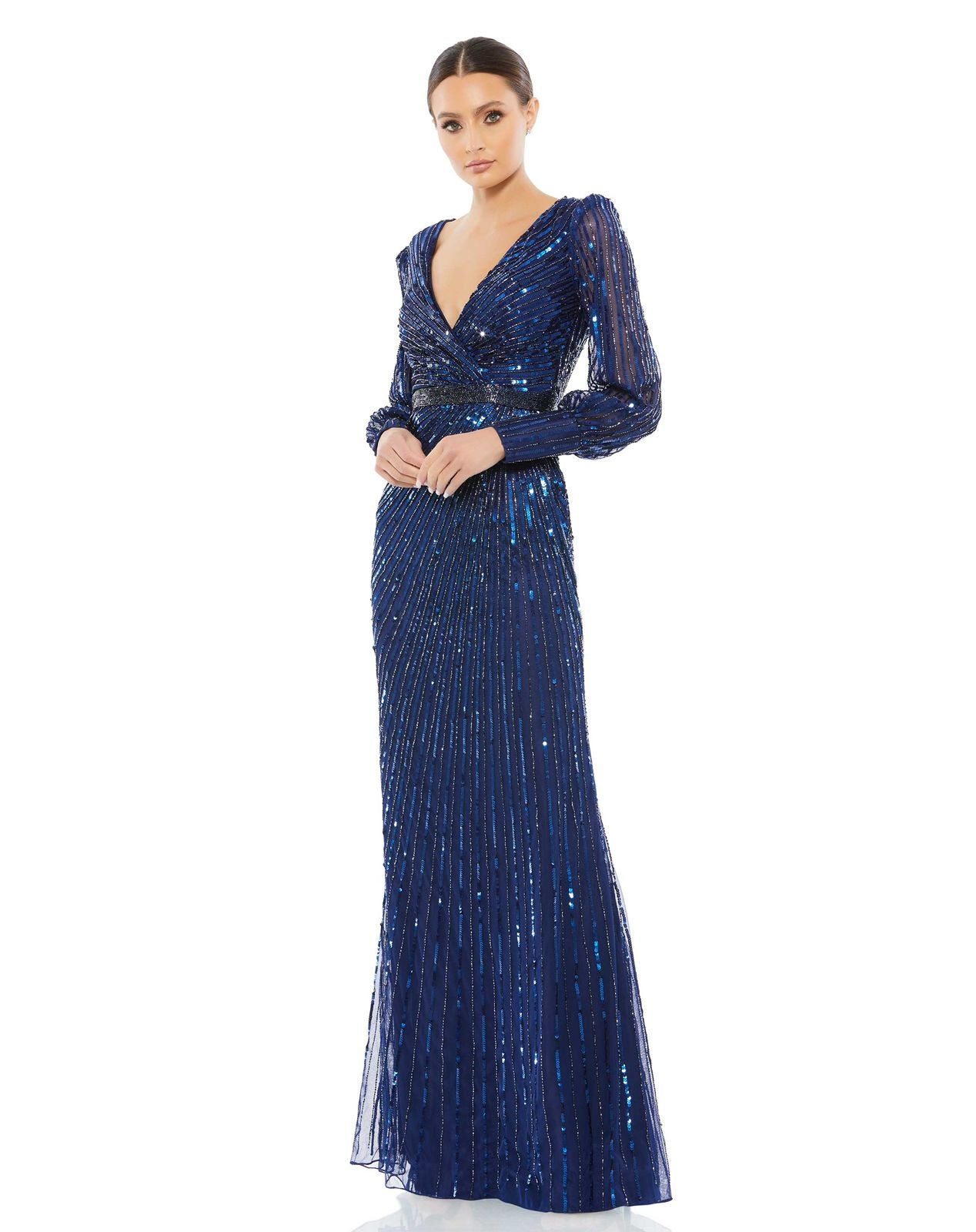 sequins evening-ready gown with a luminous beaded waist and semi-sheer puff sleeves