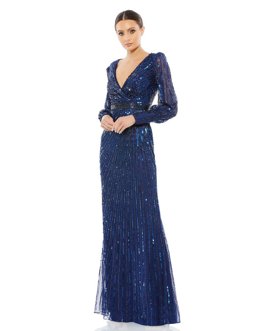 sequins evening-ready gown with a luminous beaded waist and semi-sheer puff sleeves