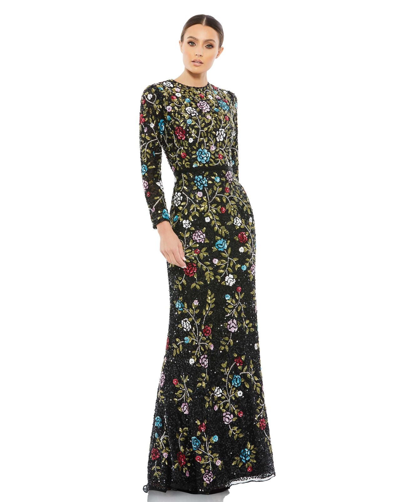 Structured Floral Beaded Sequin Gown